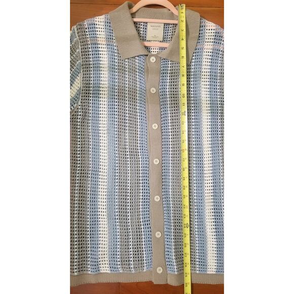 Massive Luxury Crochet Knit Polo Shirt Blue Striped Button Up Closure M Cotton - Picture 6 of 7